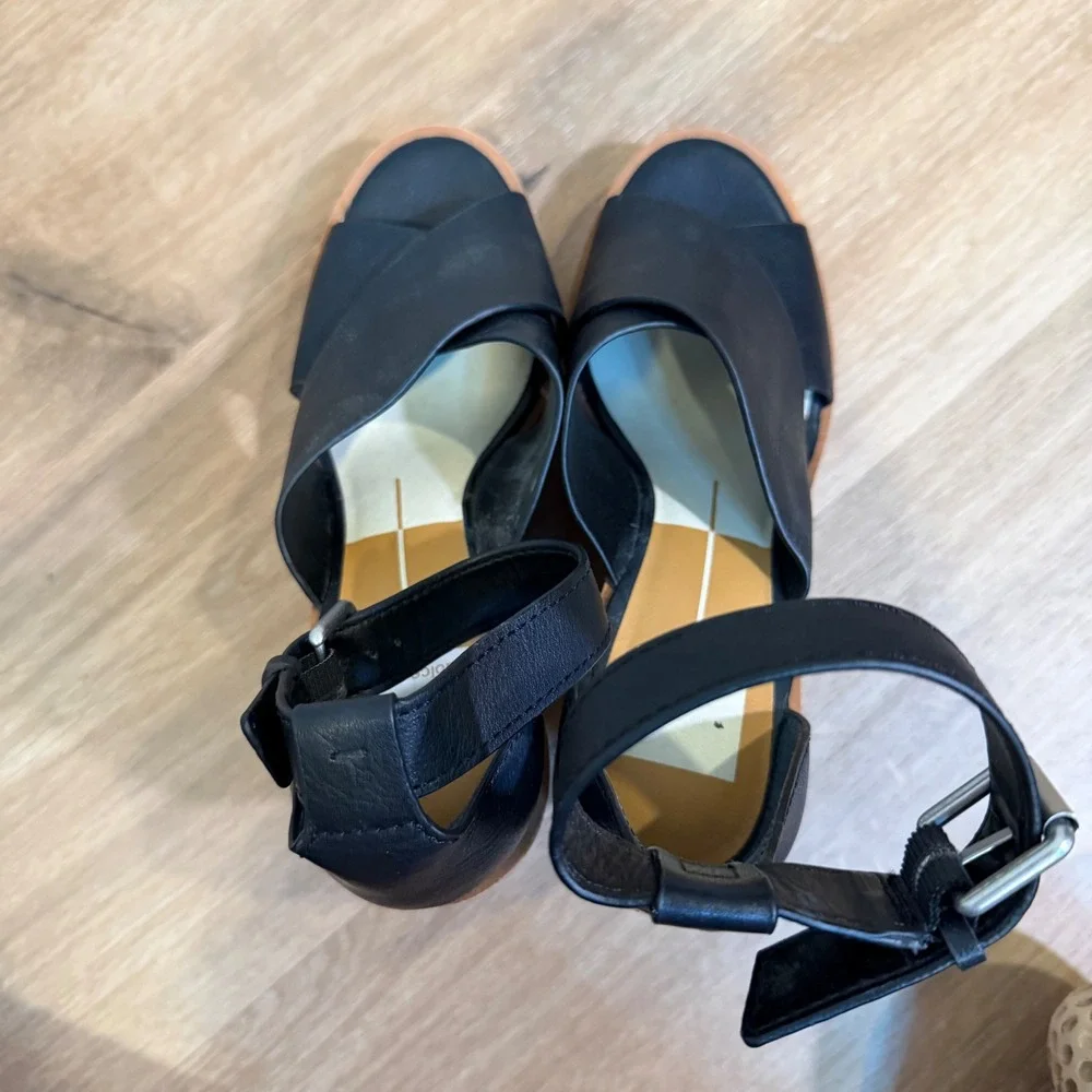 Marc Fisher MLANNIE Wedge Sandal Women 7.5 Black Leather Espadrille Platform